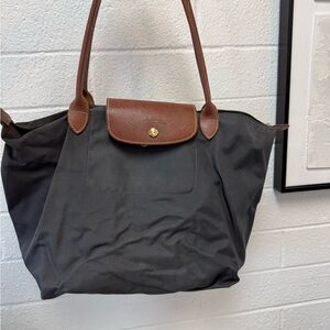 Longchamp Gray Tote with Brown Accents